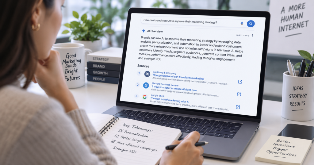 Marketer reviewing an AI search answer showing cited brand sources