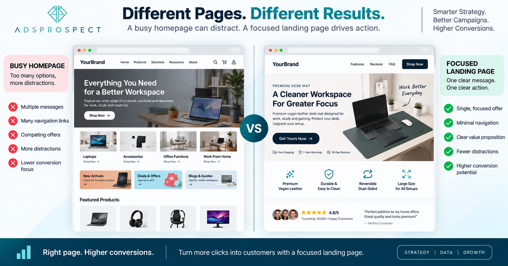 Homepage with full navigation compared with a focused Google Ads landing pag