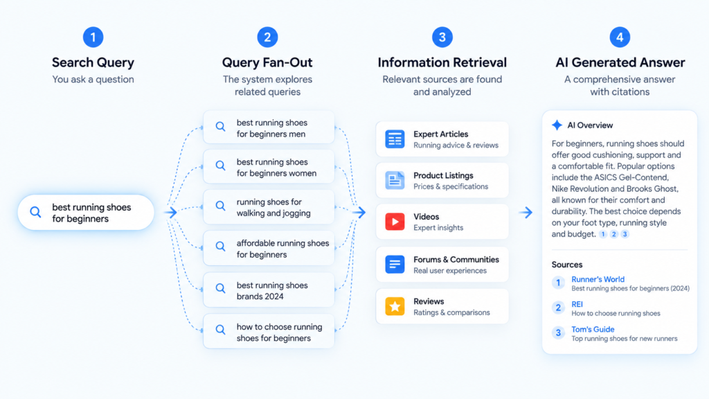 Diagram of query fan-out feeding an AI-generated search answer